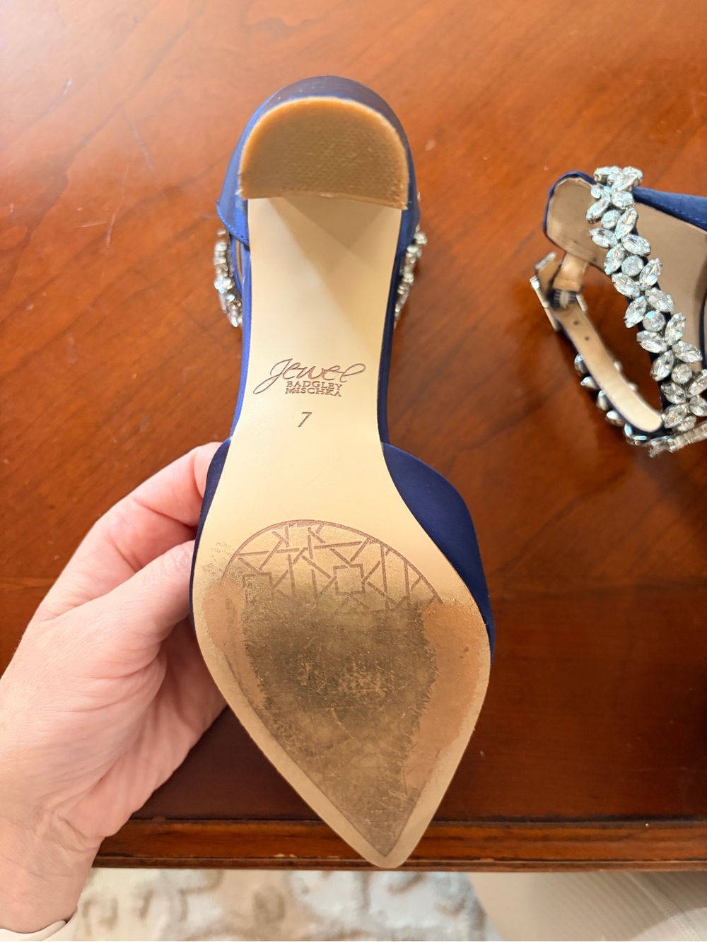 Jewel Badgley Mischka Blue Satin Pointed-Toe Heels with Crystal Ankle Straps - Picture 7 of 10